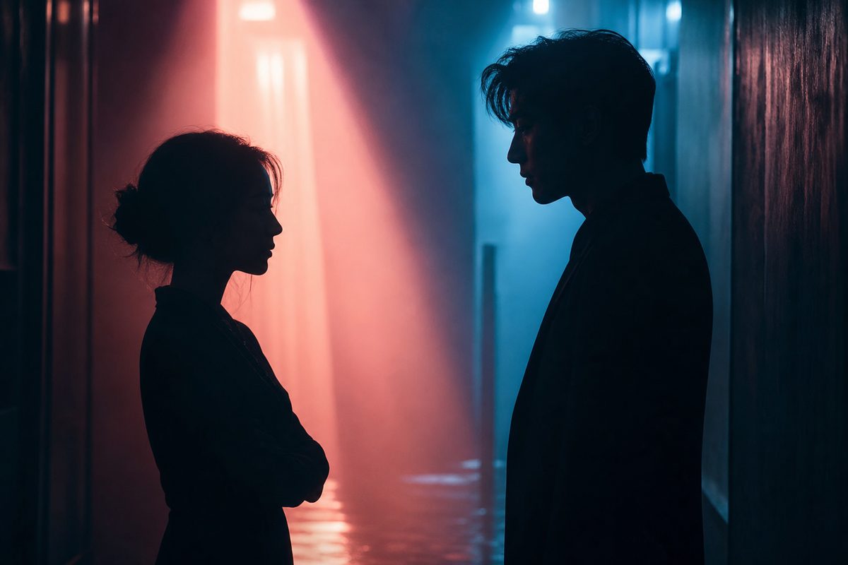 Dramatic corridor scene with rose and cyan light